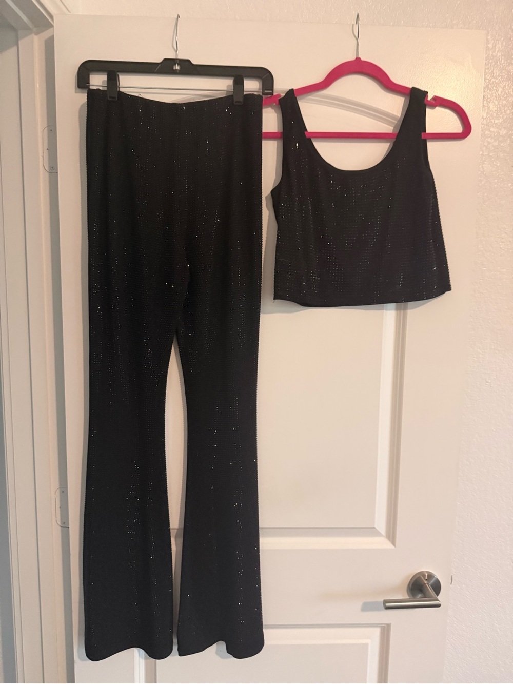 Women's Black Sparkle Crop Top & Flare Pants matching Set